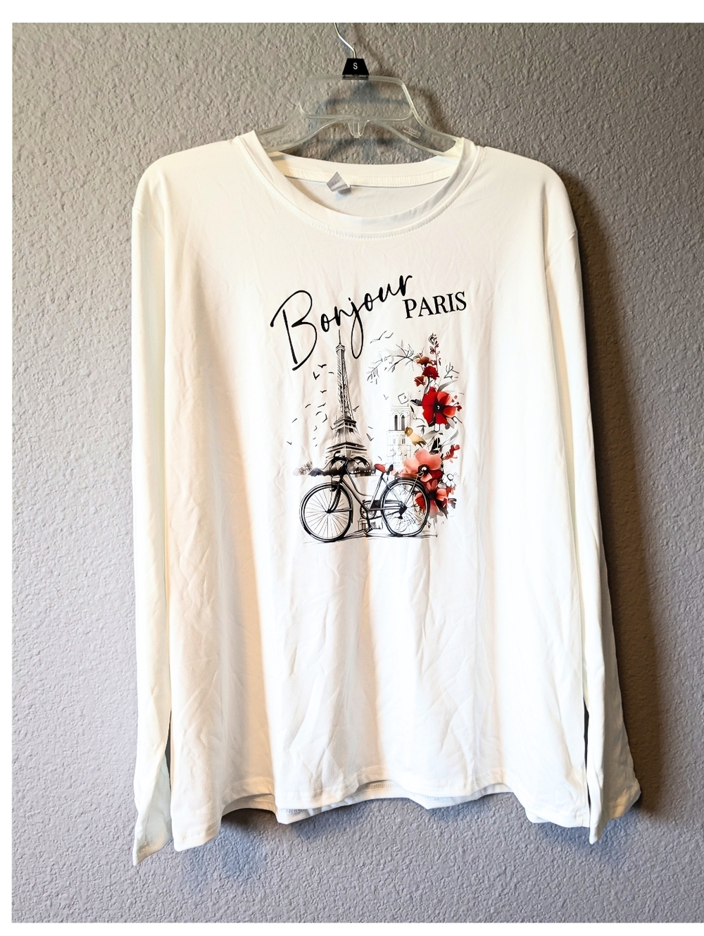 New Bonjour Paris Floral Bicycle White Graphic Long-Sleeve Top Sz.XXL - Picture 2 of 5